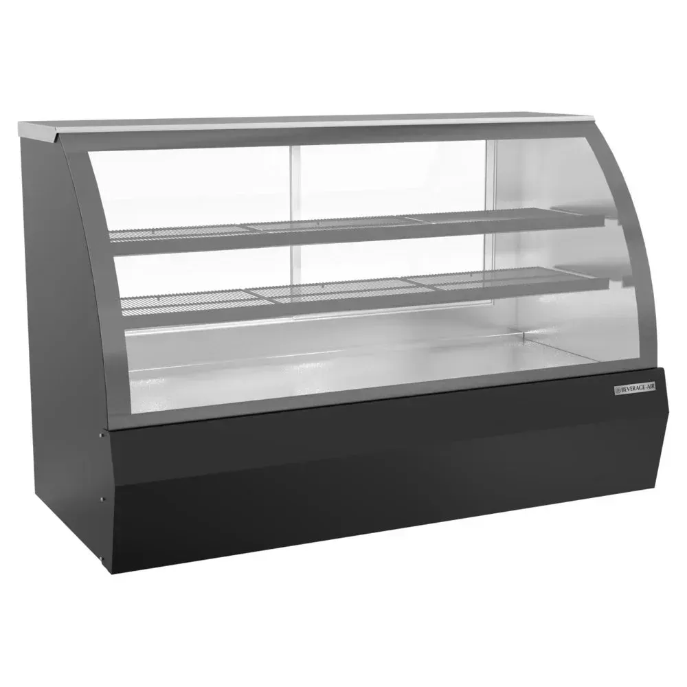 Black curved glass dry bakery display case by Beverage-Air offers an elegant way to present baked goods in retail or cafe settings.