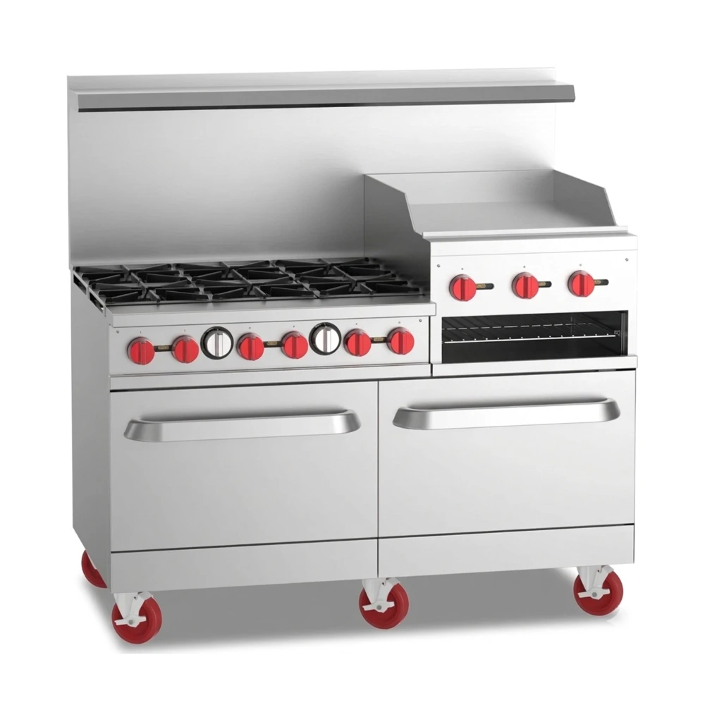 ChefPro Series 60" Commercial Gas Range with 2 Standard Oven, 6 Burner, 24" Griddle/Broiler, 278,000 BTU