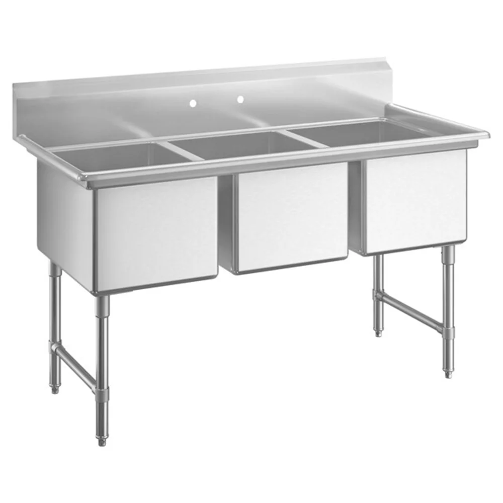 ChefPro Series 63" Three Compartment Sink with Stainless Steel Legs, Cross Bracing, and 24" x 18" x 14" Sink Bowls