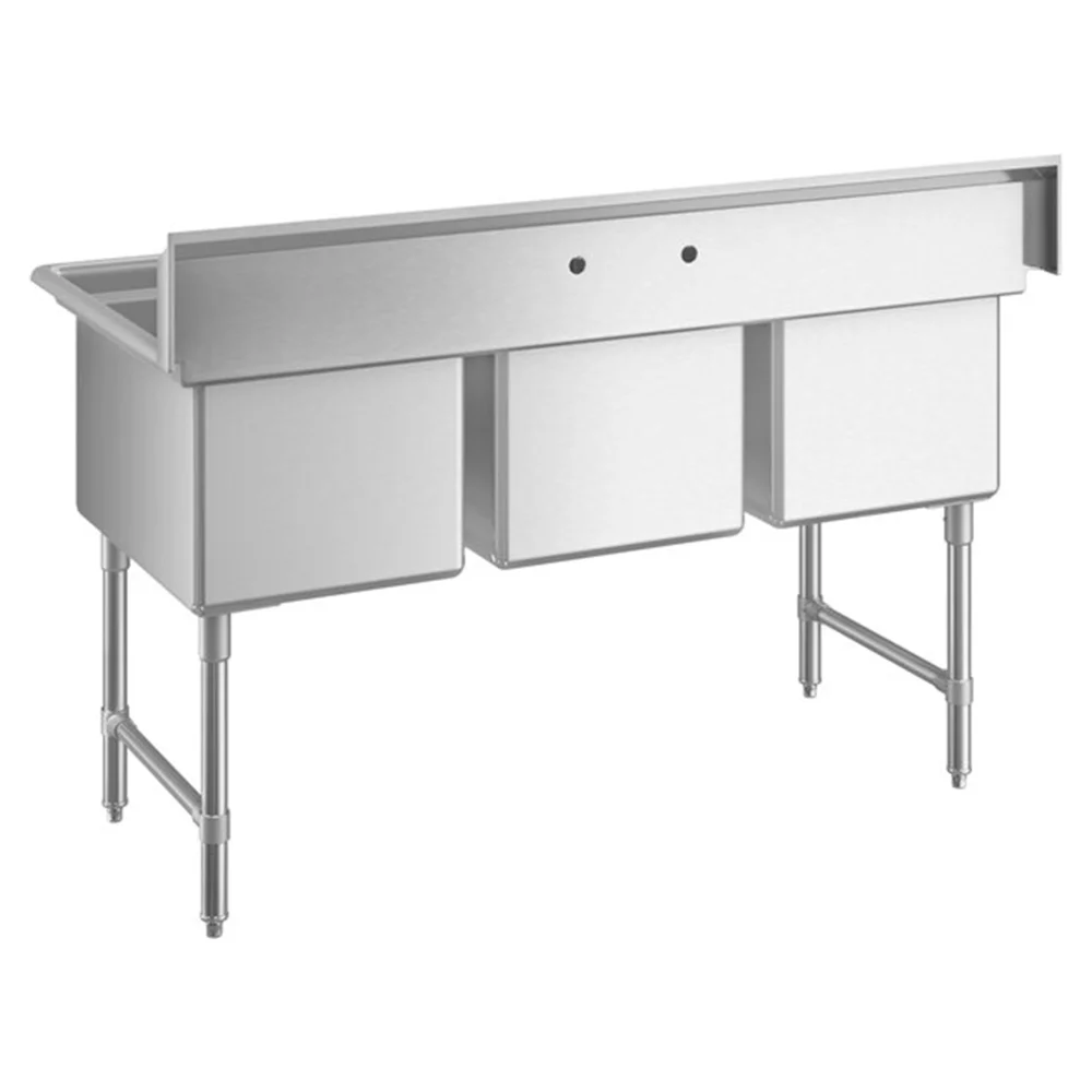 ChefPro Series 63" Three Compartment Sink with Stainless Steel Legs, Cross Bracing, and 24" x 18" x 14" Sink Bowls