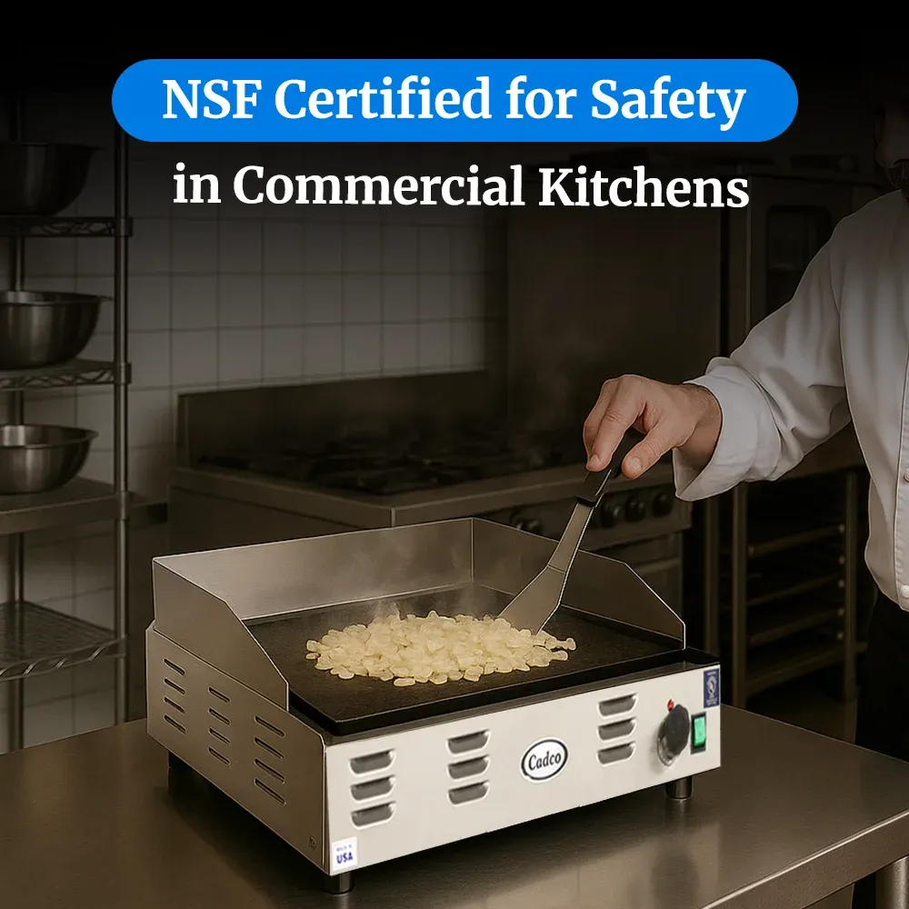 Cadco electric countertop griddle, stainless steel, compact commercial kitchen, durable, adjustable thermostat, catering easy-clean versatile.