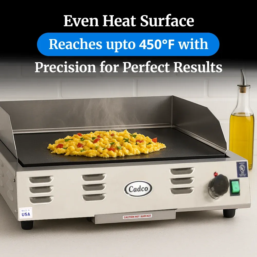 Cadco electric countertop griddle, stainless steel, compact commercial kitchen, durable, adjustable thermostat, catering easy-clean versatile.