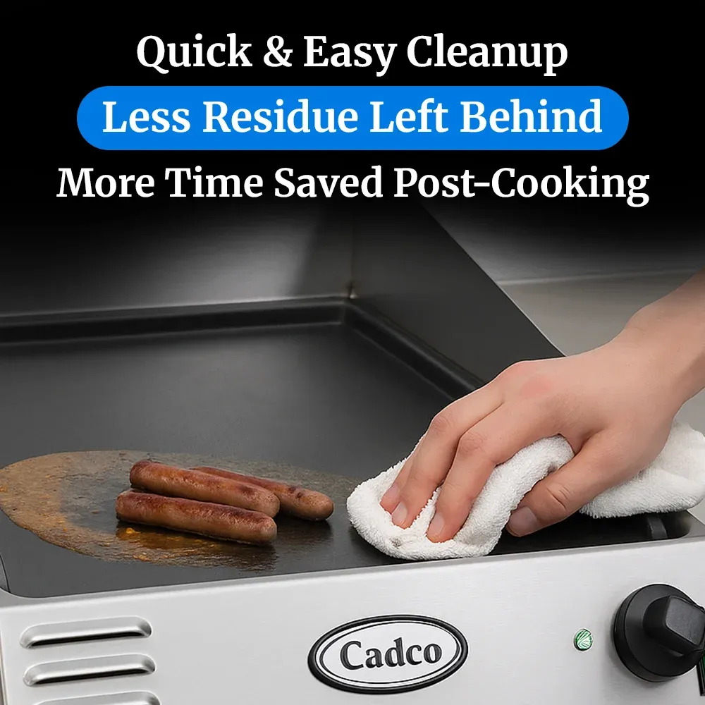 Cadco front-to-back countertop griddle with polished steel surface delivers even heat for pancakes, burgers, and more in compact kitchen setups.