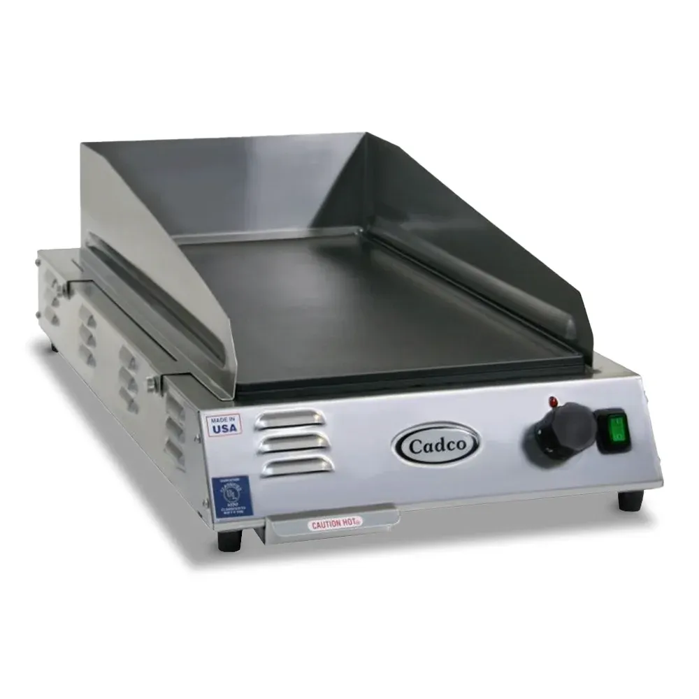 Cadco front-to-back countertop griddle with polished steel surface delivers even heat for pancakes, burgers, and more in compact kitchen setups.