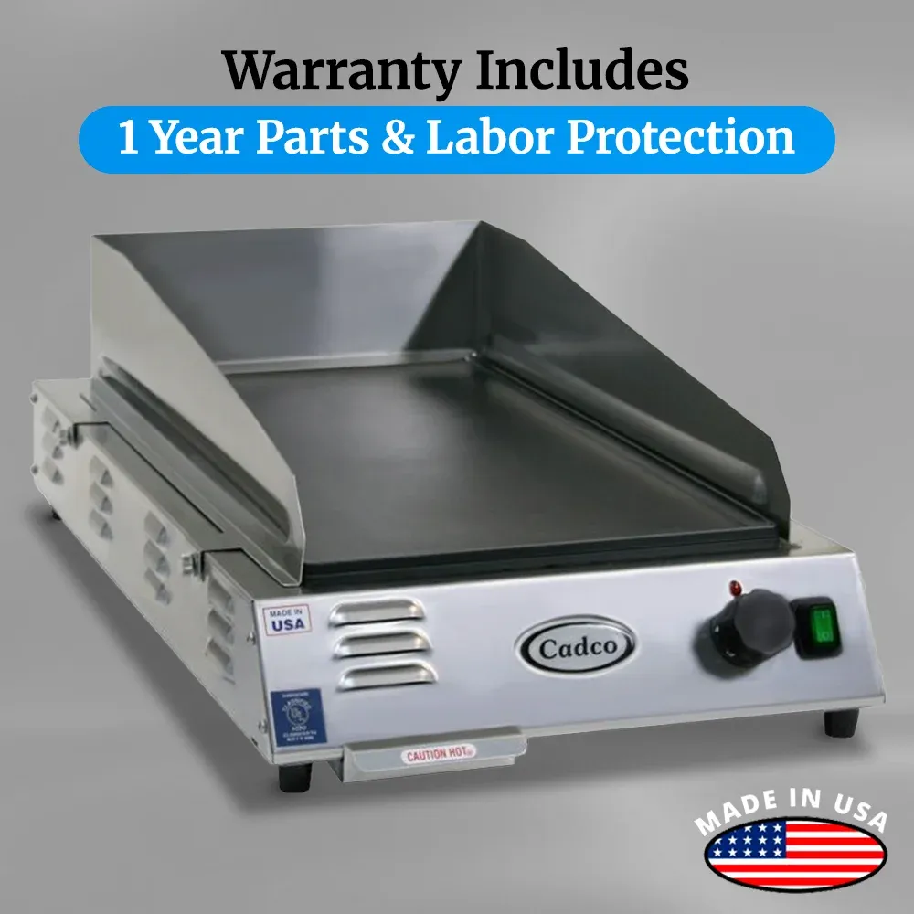 Cadco front-to-back countertop griddle with polished steel surface delivers even heat for pancakes, burgers, and more in compact kitchen setups.