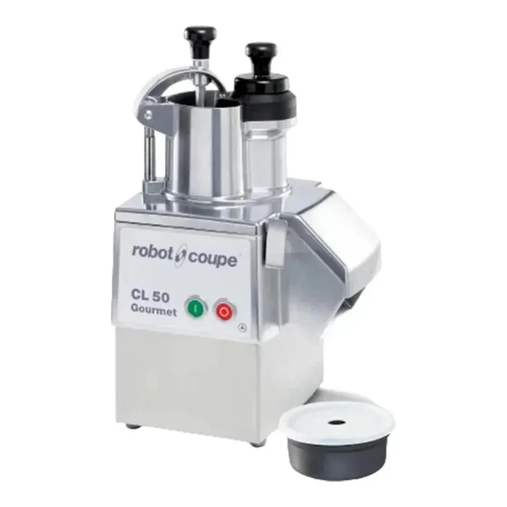 Robot Coupe gourmet food processor with two stainless discs, designed for efficient slicing and shredding in restaurants, cafes, and institutions.