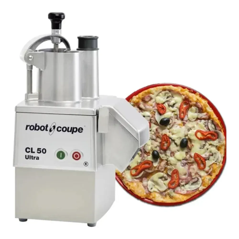 Robot Coupe continuous-feed processor with five discs for pizza toppings and dough prep, includes wall holder and cleaning kit for kitchens.