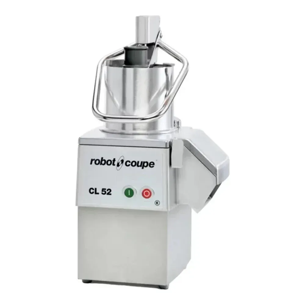 Robot Coupe commercial food processor with full moon pusher and two stainless discs, ideal for slicing and shredding in restaurant food preparation.