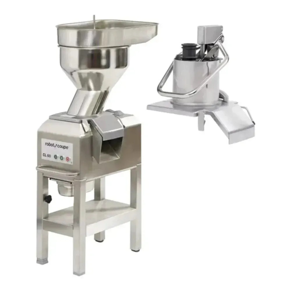 Robot Coupe single-speed stainless steel food processor with side discharge for fast bulk prep in hotel banquet and restaurant kitchens.