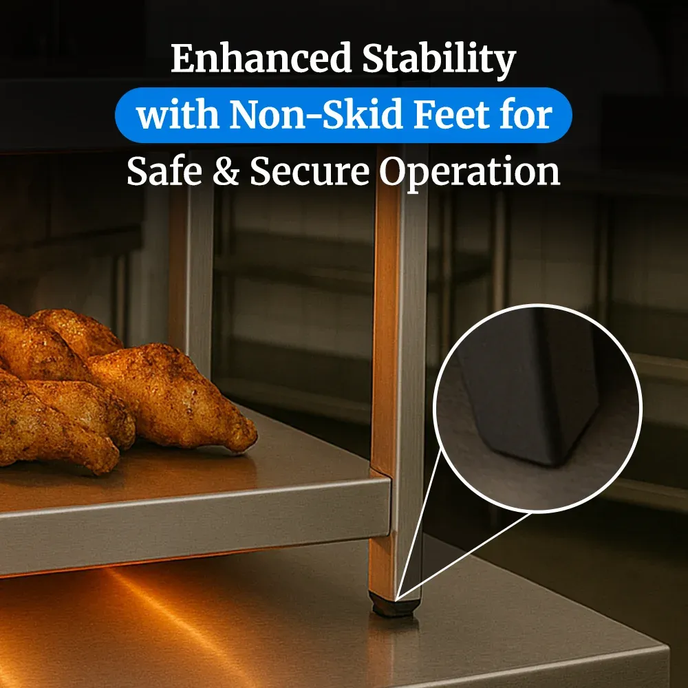 Cadco two-level electric countertop warming shelf in stainless steel for buffet or catering and thermostat-controlled for food display.