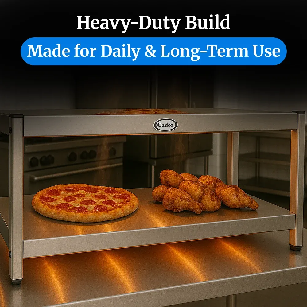 Cadco two-level electric countertop warming shelf in stainless steel for buffet or catering and thermostat-controlled for food display.