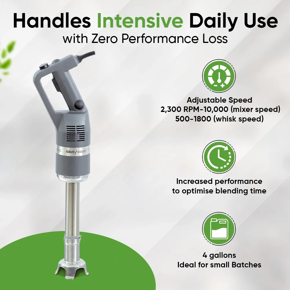 Robot Coupe combi compact immersion blender with whisk for light duty blending, whisking, and mixing in tight professional kitchen spaces.