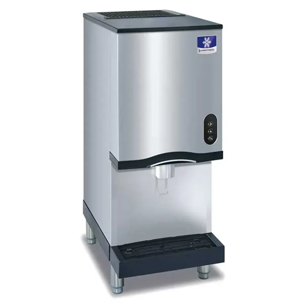 Manitowoc countertop nugget ice machine with sensor dispenser and small bin is ideal for hotel lounges, cafés, or breakrooms needing chewable ice.