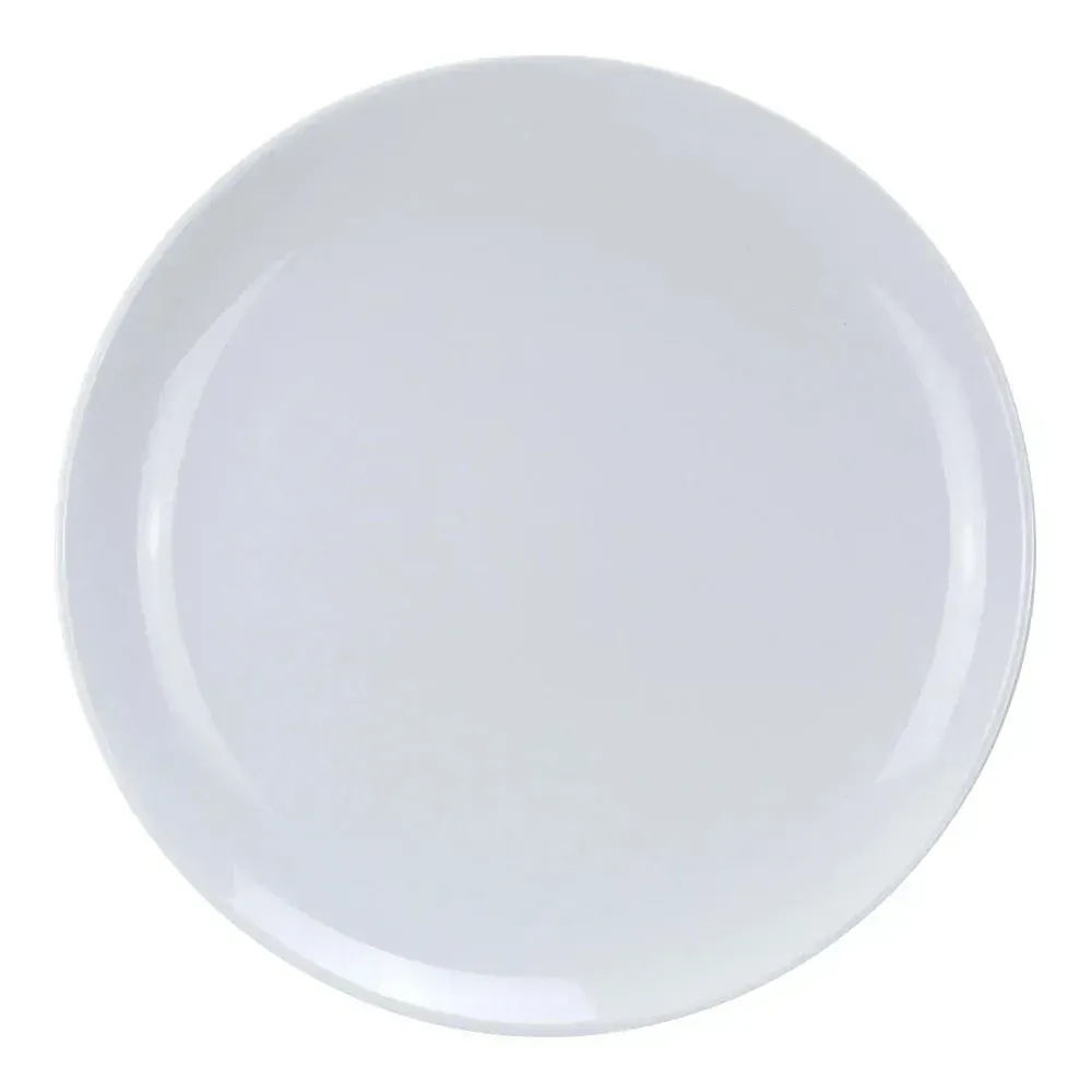 Extra large round coupe pattern serving plate made of white melamine from Yanco China, ideal for presenting large dishes on a buffet.