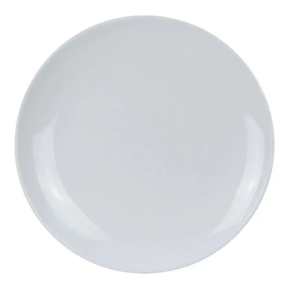 Medium round melamine plate in a simple coupe design by Yanco China, a practical and stylish choice for serving salads, appetizers, or lunch.