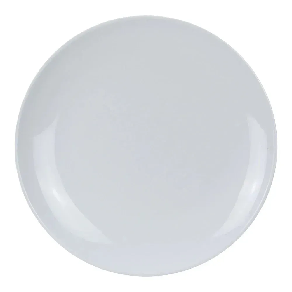 Large round melamine coupe plate in classic white from Yanco China, a shatterproof and practical dish for serving large entrees in casual dining.