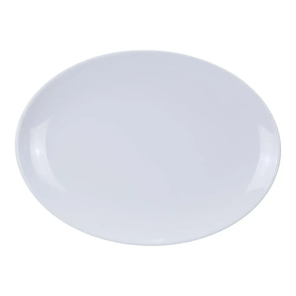 Small oval platter made of durable white melamine by Yanco China, perfectly sized for serving individual appetizers, sandwiches, or side dishes.