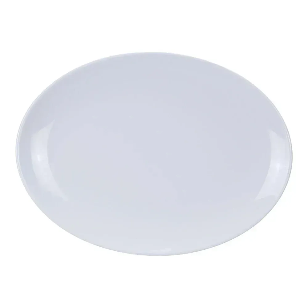 Large oval platter made of classic white melamine from Yanco China, a versatile and shatterproof serving piece for buffets, catering, and outdoors.