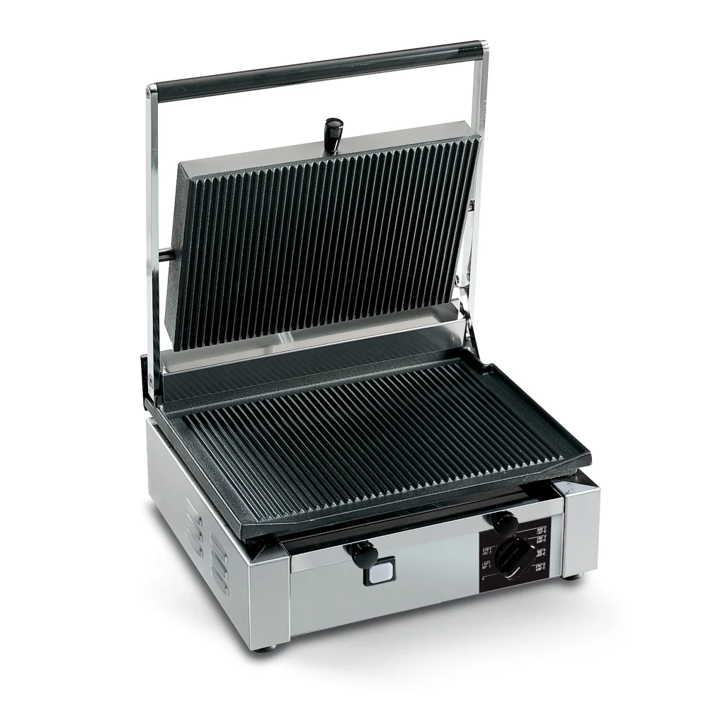 PrepMaster Series Commercial Electric Panini Grill With Ribbed Top and Flat Bottom Plates, 14 x 10" Cooking Surface, 1800W, 110V