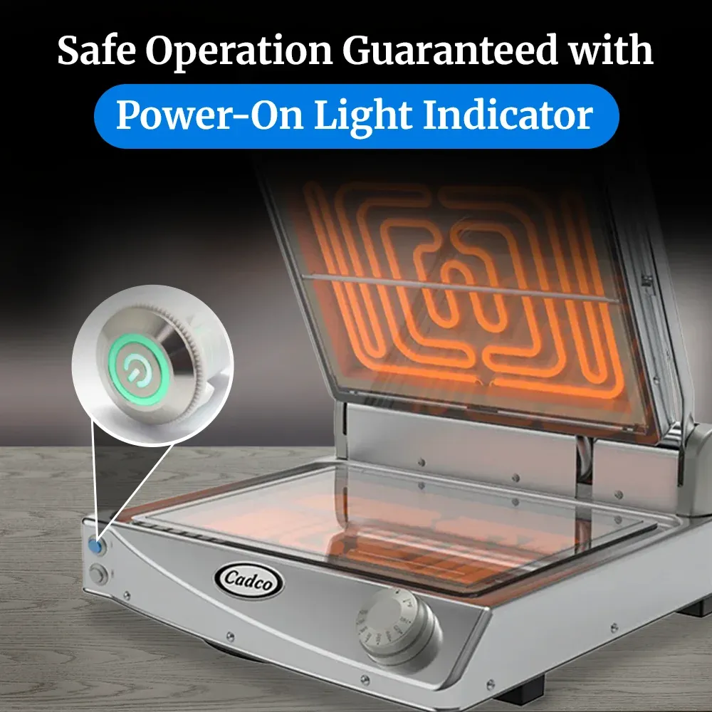 Cadco jumbo glass-ceramic clamshell grill with smooth clear plates, stainless steel finish, compact, and easy to clean for commercial catering.