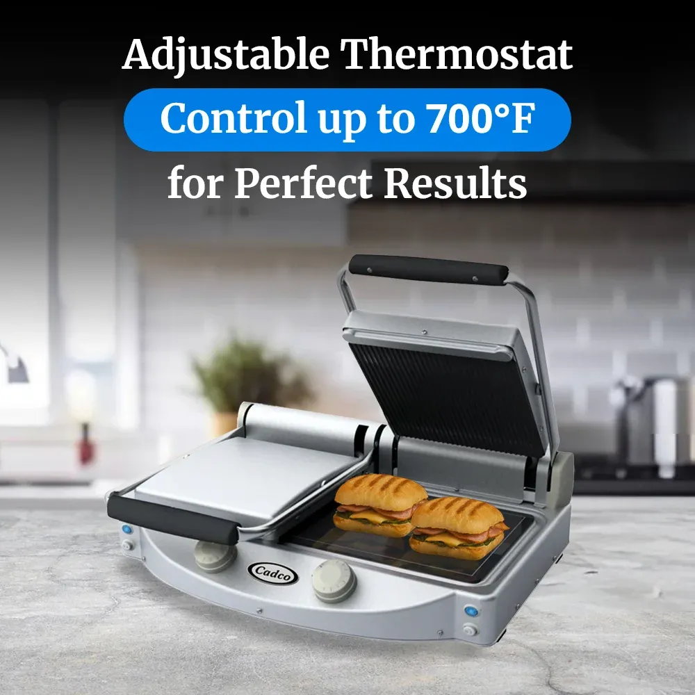 Cadco double glass-ceramic panini grill with grooved top and smooth bottom plates, compact stainless build, durable for commercial or catering service