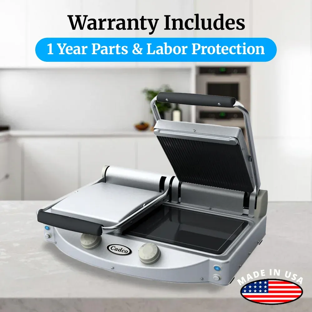 Cadco double glass-ceramic panini grill with grooved top and smooth bottom plates, compact stainless build, durable for commercial or catering service