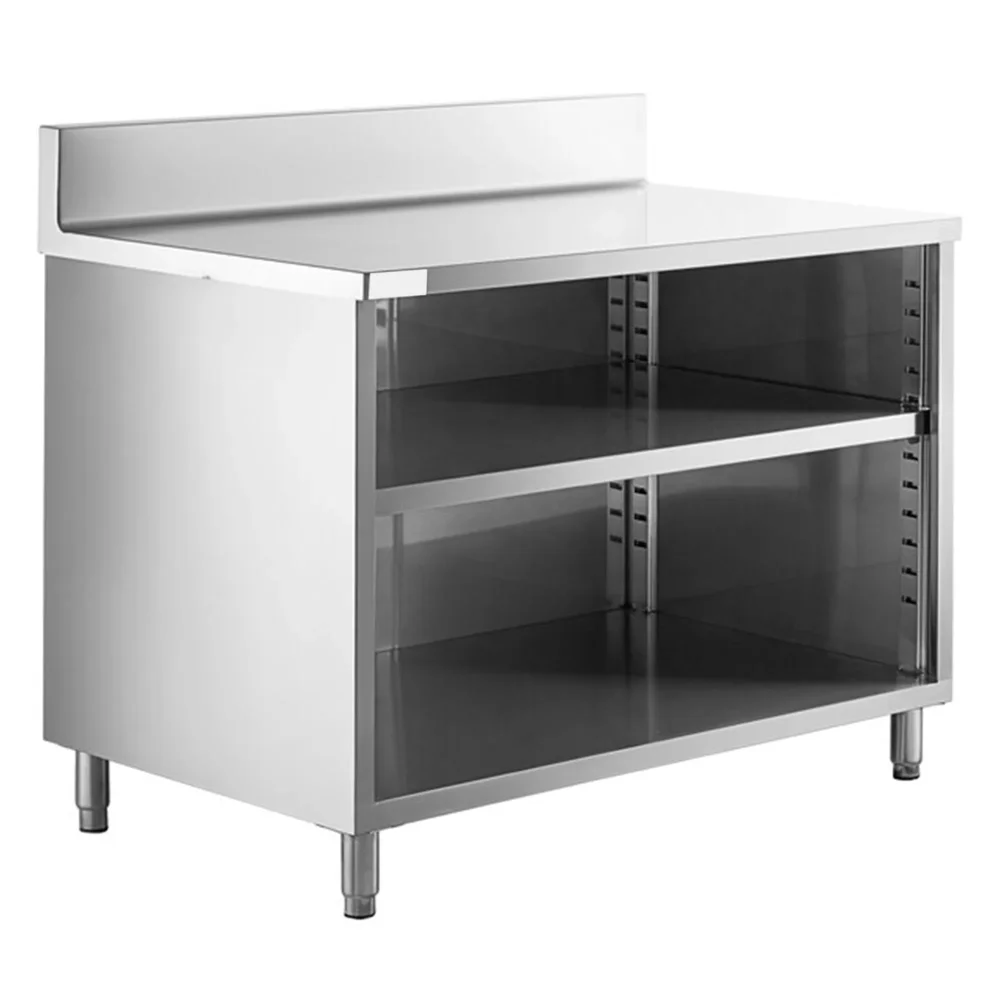 ChefPro Series 30" x 48" 16 Gauge Enclosed Base Open Front Table with Adjustable Midshelf & 6" Backsplash, 304 Stainless Steel