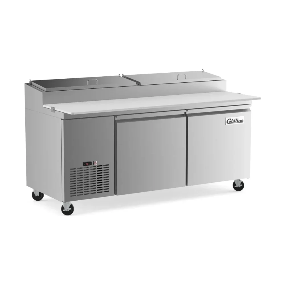 Coldline 71" Pizza Prep Table, Stainless Steel, Holds 9 Pans, 2 Door, 1 Year Warranty