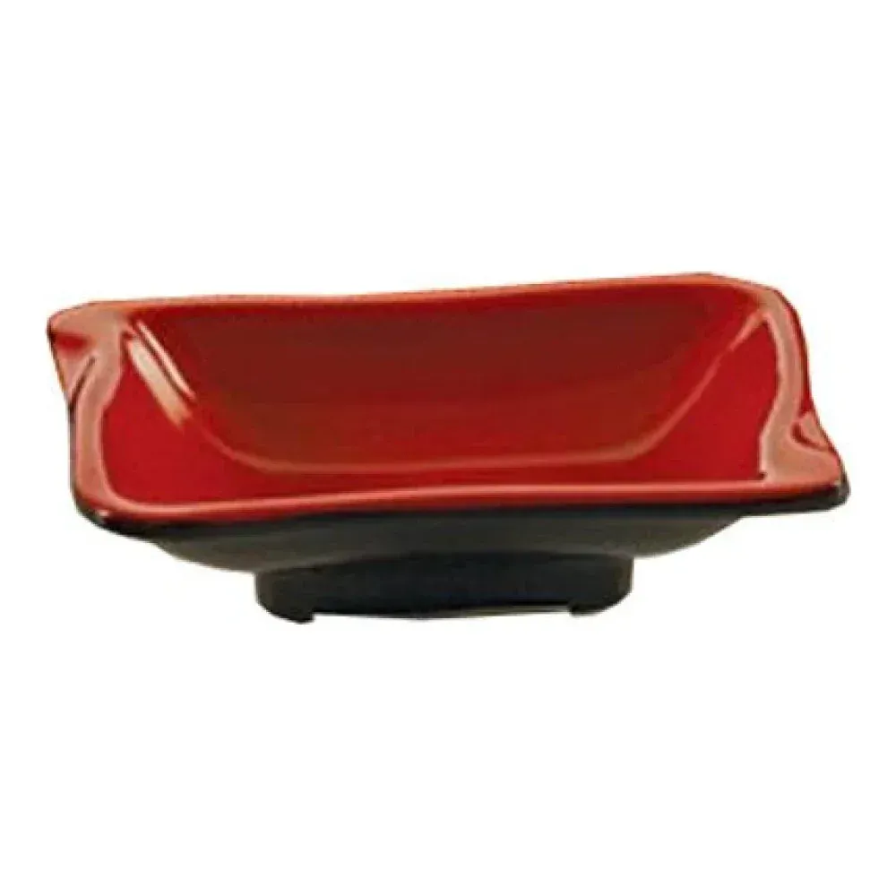 Black-red melamine divided sauce dish by Yanco China, two-tone rectangular tray for sushi, buffet, and reusable catering service.