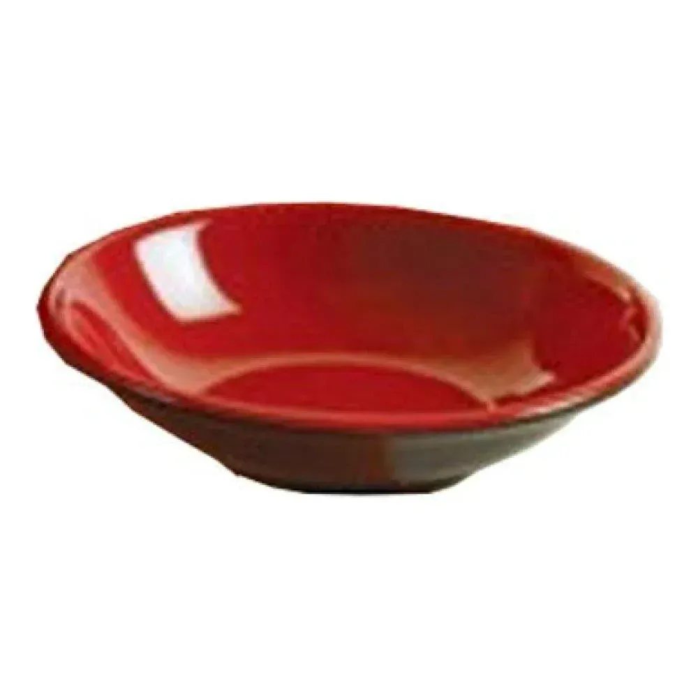 Black-red melamine round sauce dish by Yanco China, two-tone, small condiment dish for buffet, catering, and sushi service.