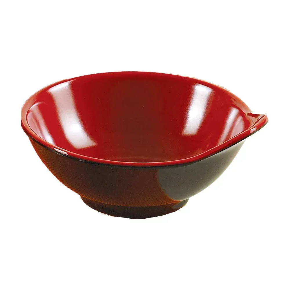 Black-red melamine round sauce bowl by Yanco China, two-tone, pour spout, durable serving for buffet or catering.