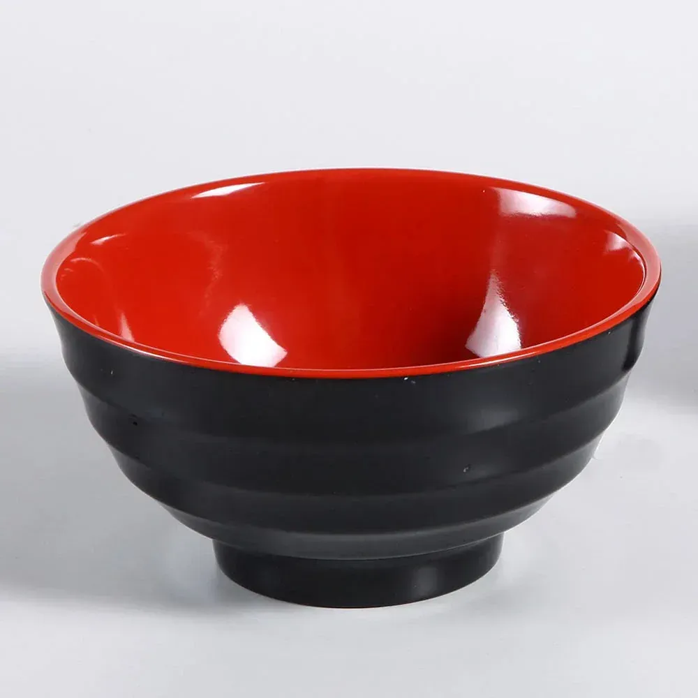 Black-red melamine round bowl by Yanco China, classic silhouette, ideal for sides or desserts, shatterproof for cafeterias and poolside service.