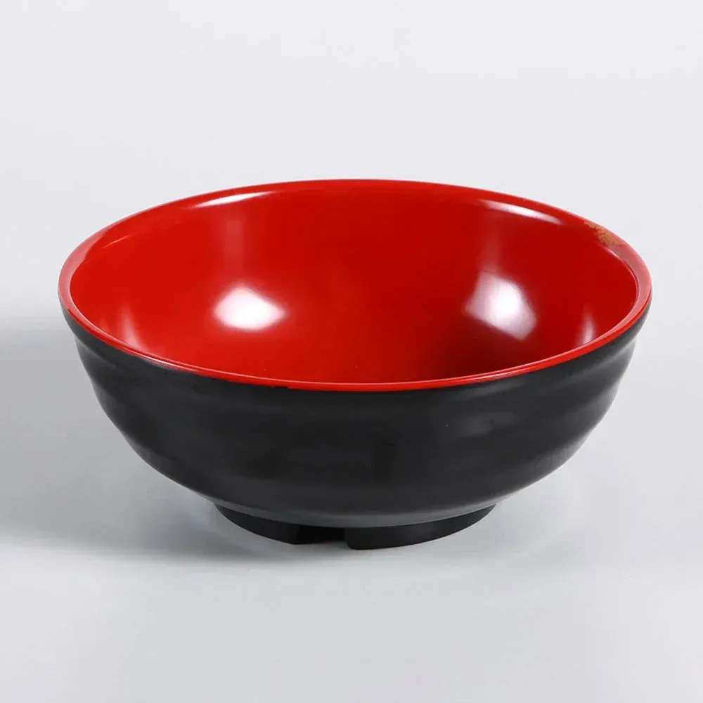 Black-red melamine round bowl by Yanco China, glossy sheen, versatile for soups or salads, durable and lightweight for casual dining or catering.