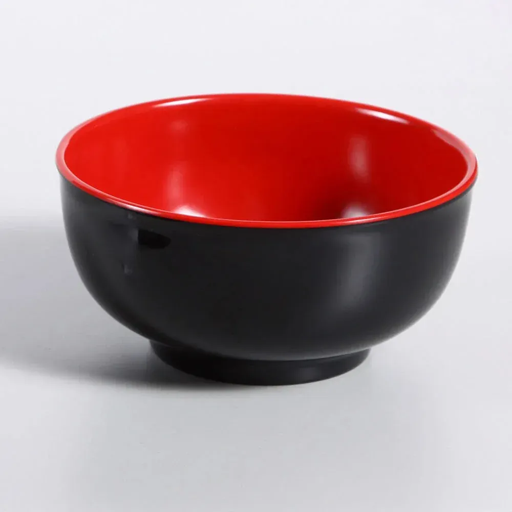 Black-red melamine round bowl by Yanco China, sleek curves, ideal for rice or salad service, durable and dishwasher safe for high-traffic venues.