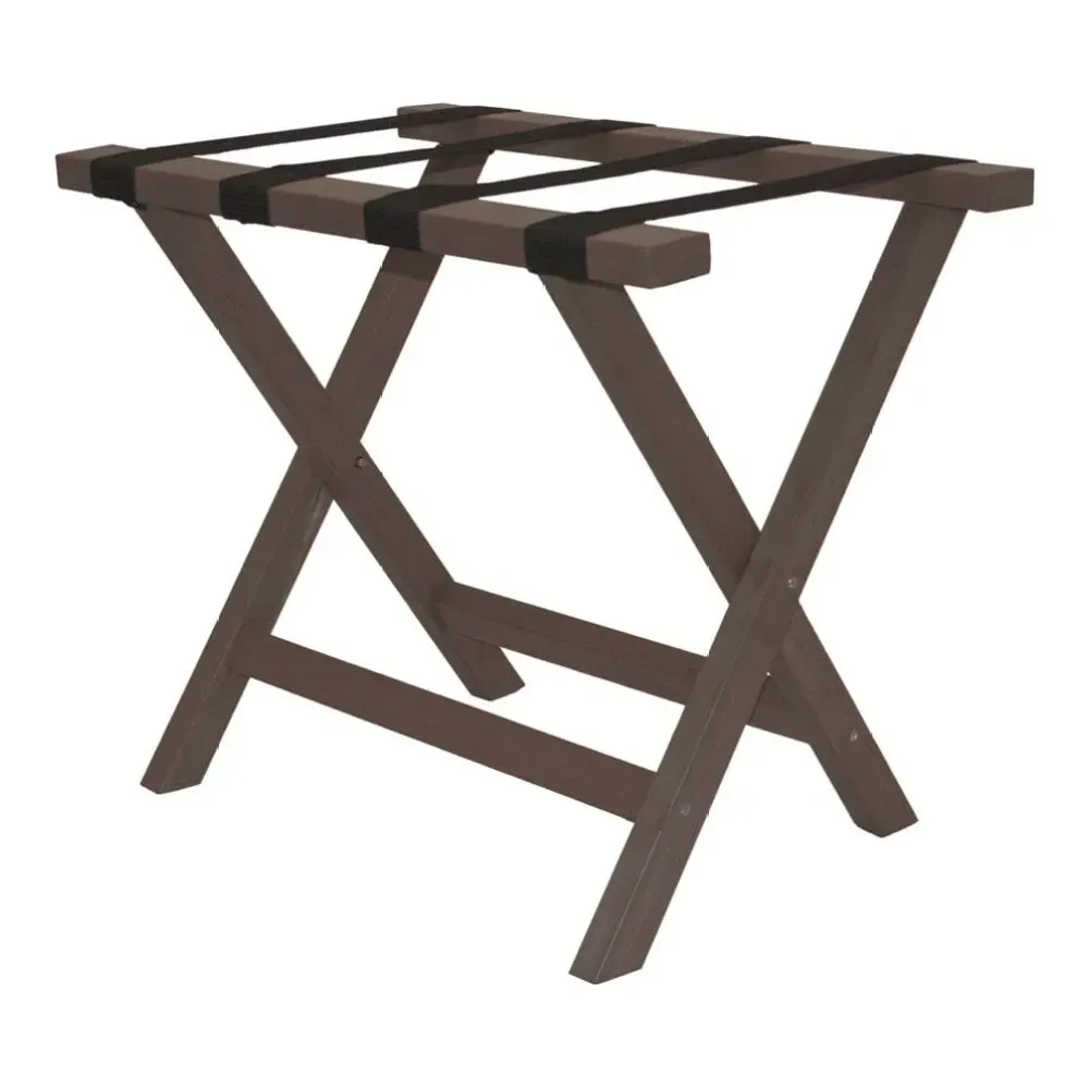 A chestnut composite material Hospitality 1 Source luggage rack, durable and perfect for hotel rooms, sold in sets of two for easy storage and guest convenience.