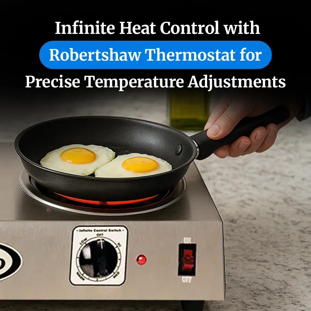 Cadco single burner portable hot plate with tubular heating element in stainless steel provides compact, reliable heat for soups or side dishes.