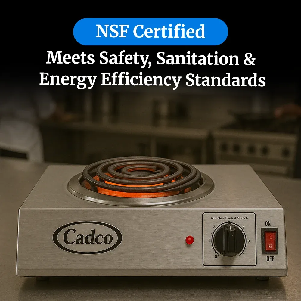 Cadco single burner portable hot plate with tubular heating element in stainless steel provides compact, reliable heat for soups or side dishes.