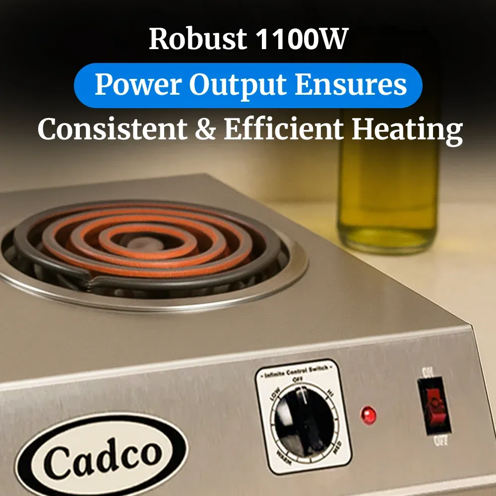 Cadco single burner portable hot plate with tubular heating element in stainless steel provides compact, reliable heat for soups or side dishes.