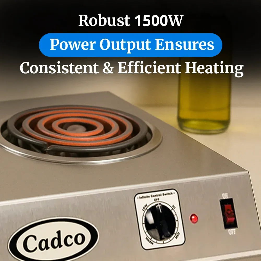 Cadco high-wattage stainless steel single burner hot plate with tubular element brings strong, reliable heat for mobile or outdoor cooking setups.