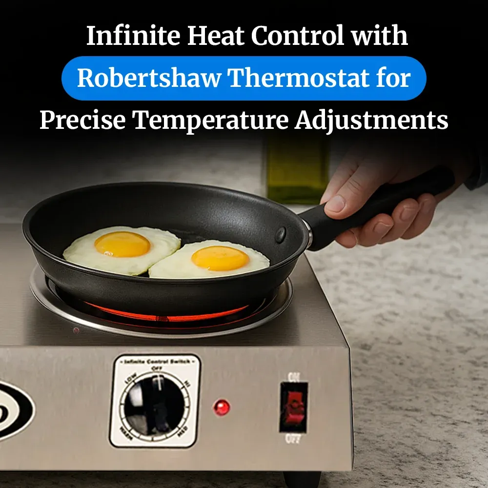Cadco single burner electric hot plate with stainless steel body, tubular element, adjustable thermostat, and compact, easy-to-clean design.