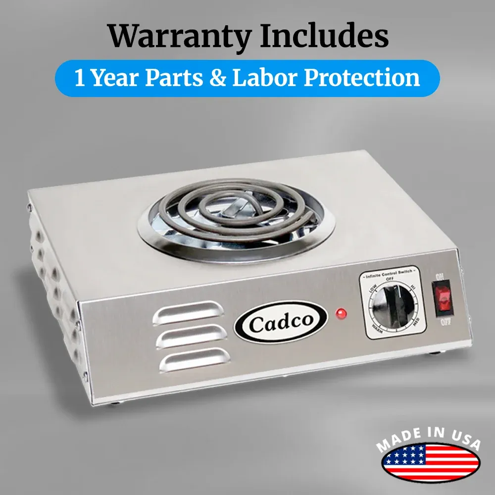 Cadco single burner electric hot plate with stainless steel body, tubular element, adjustable thermostat, and compact, easy-to-clean design.