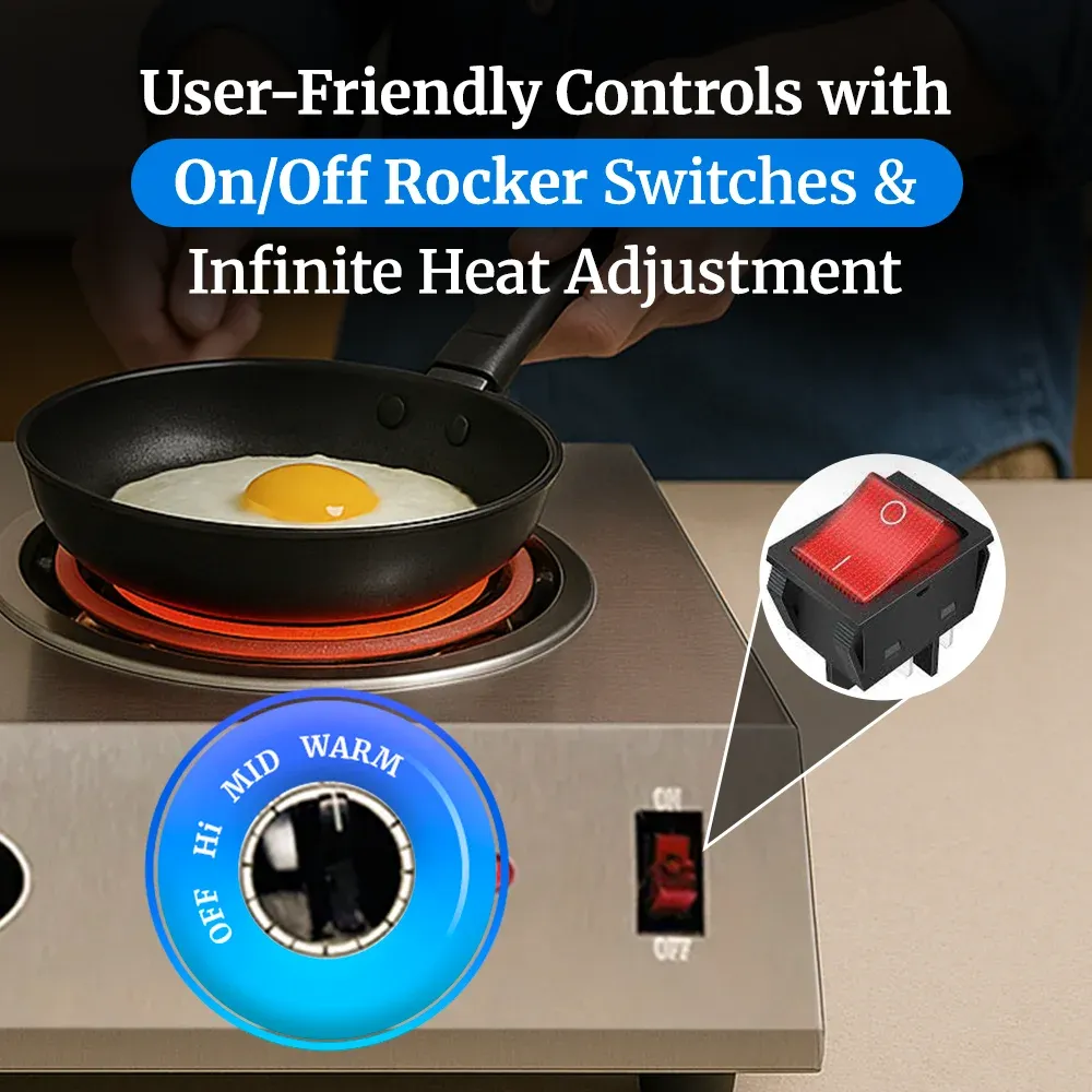 Cadco single burner electric hot plate with stainless steel body, tubular element, adjustable thermostat, and compact, easy-to-clean design.