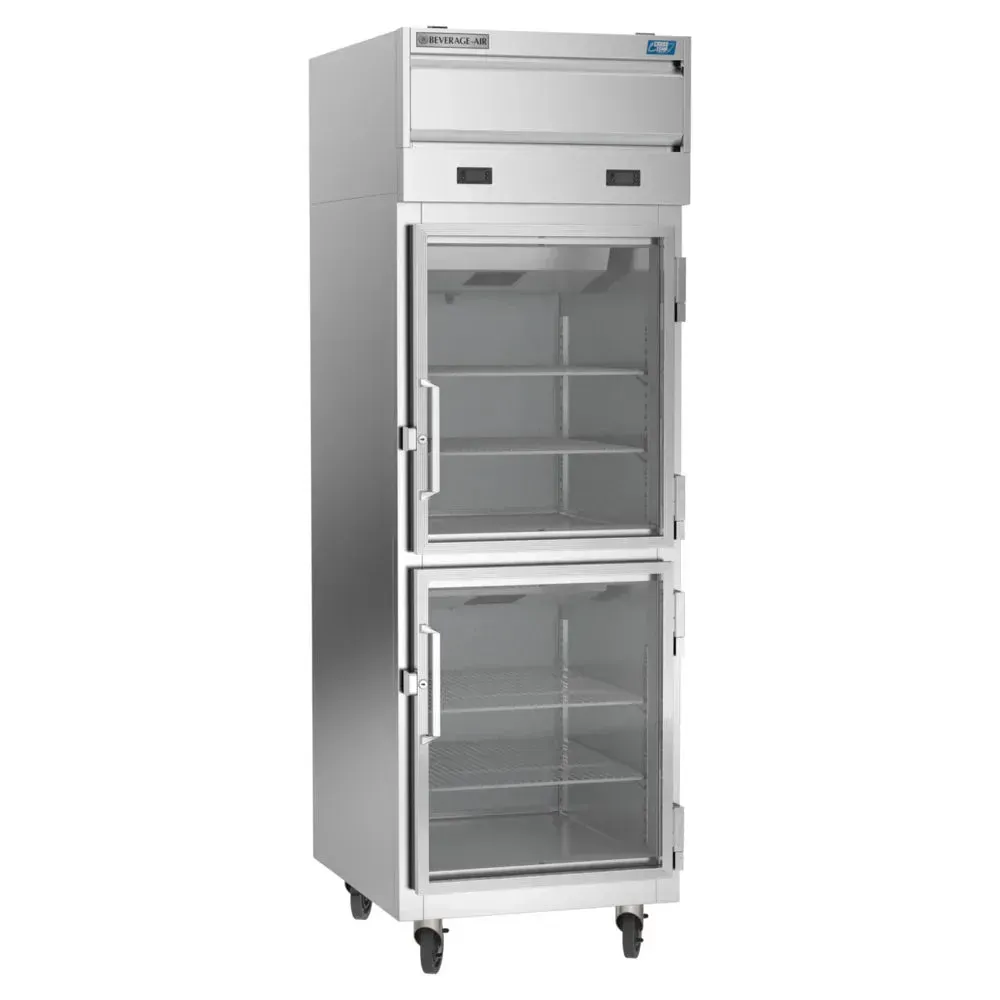 Cross-Temp dual-section refrigerator freezer by Beverage-Air with glass half doors provides visibility and efficient cold storage.