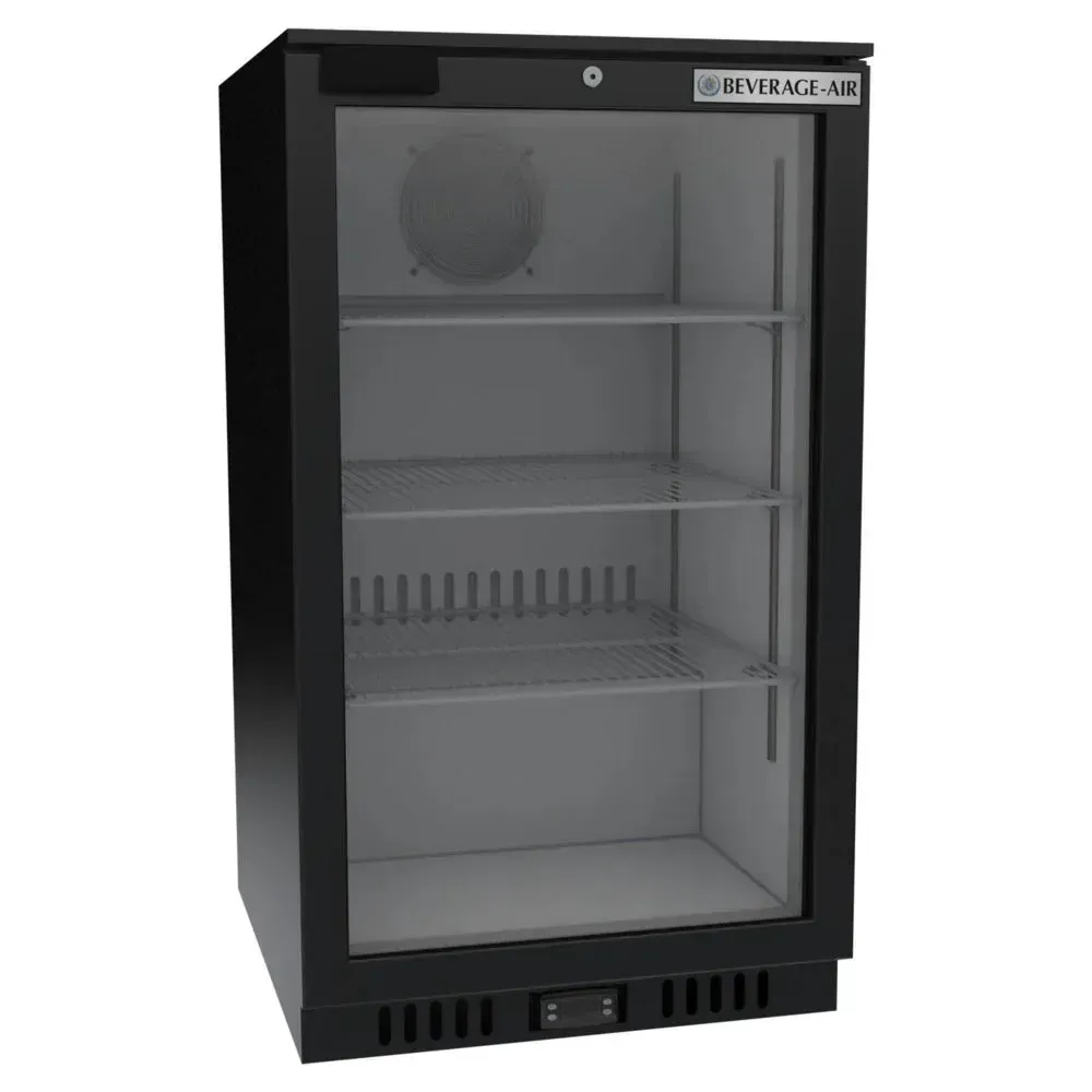Black countertop merchandiser with swing door from Beverage-Air is perfect for grab-and-go drinks and snacks in compact hospitality spaces.