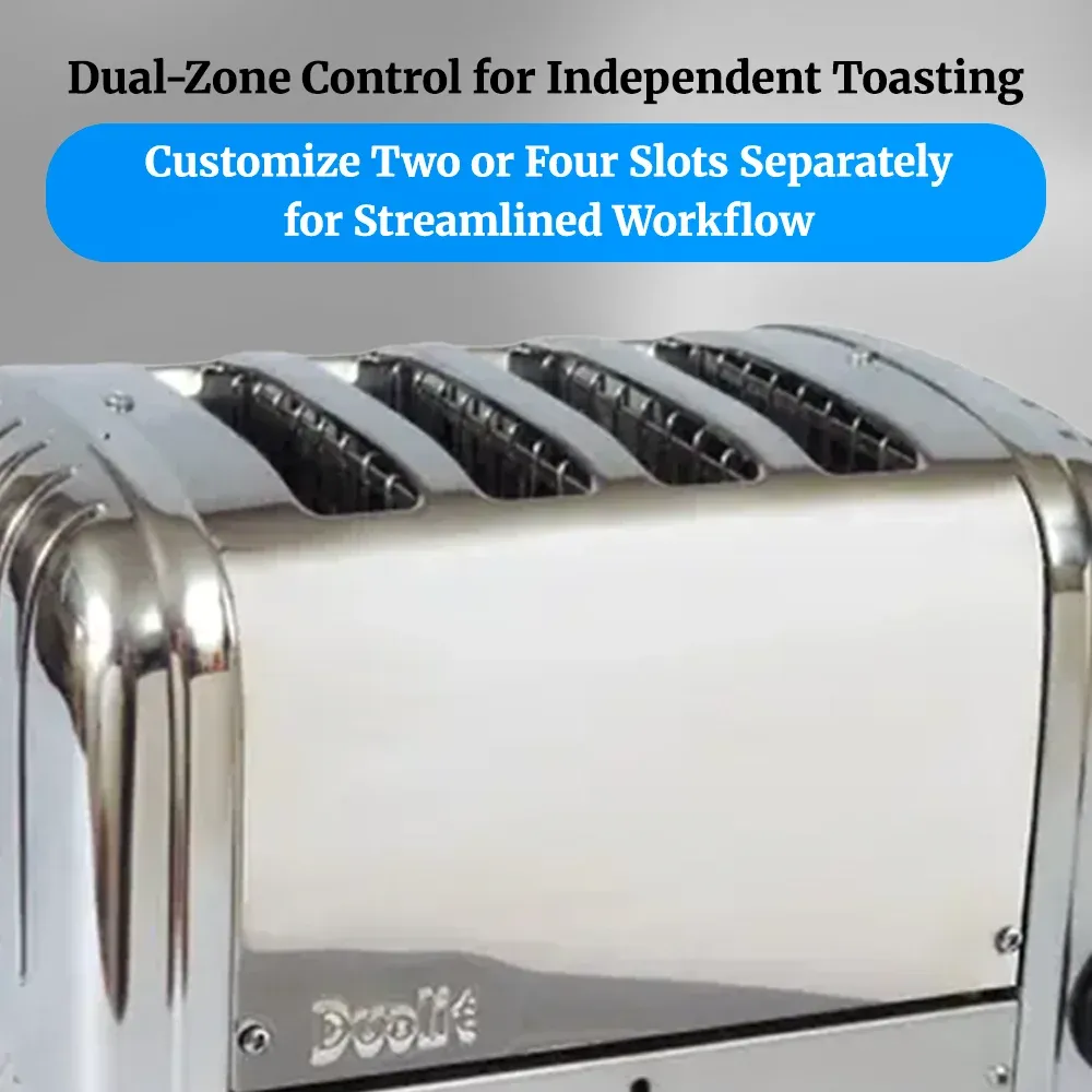 Cadco four-slice standard toaster with aluminum end panels for commercial kitchens, featuring high-speed slots and easy-clean durability.