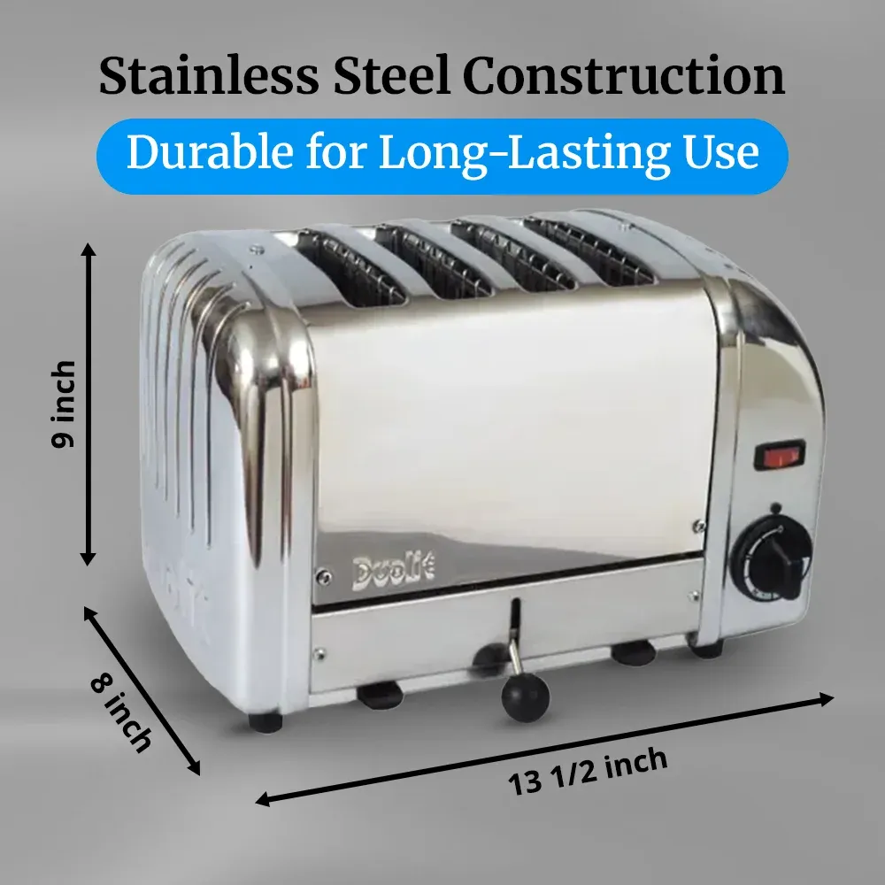 Cadco four-slice standard toaster with aluminum end panels for commercial kitchens, featuring high-speed slots and easy-clean durability.