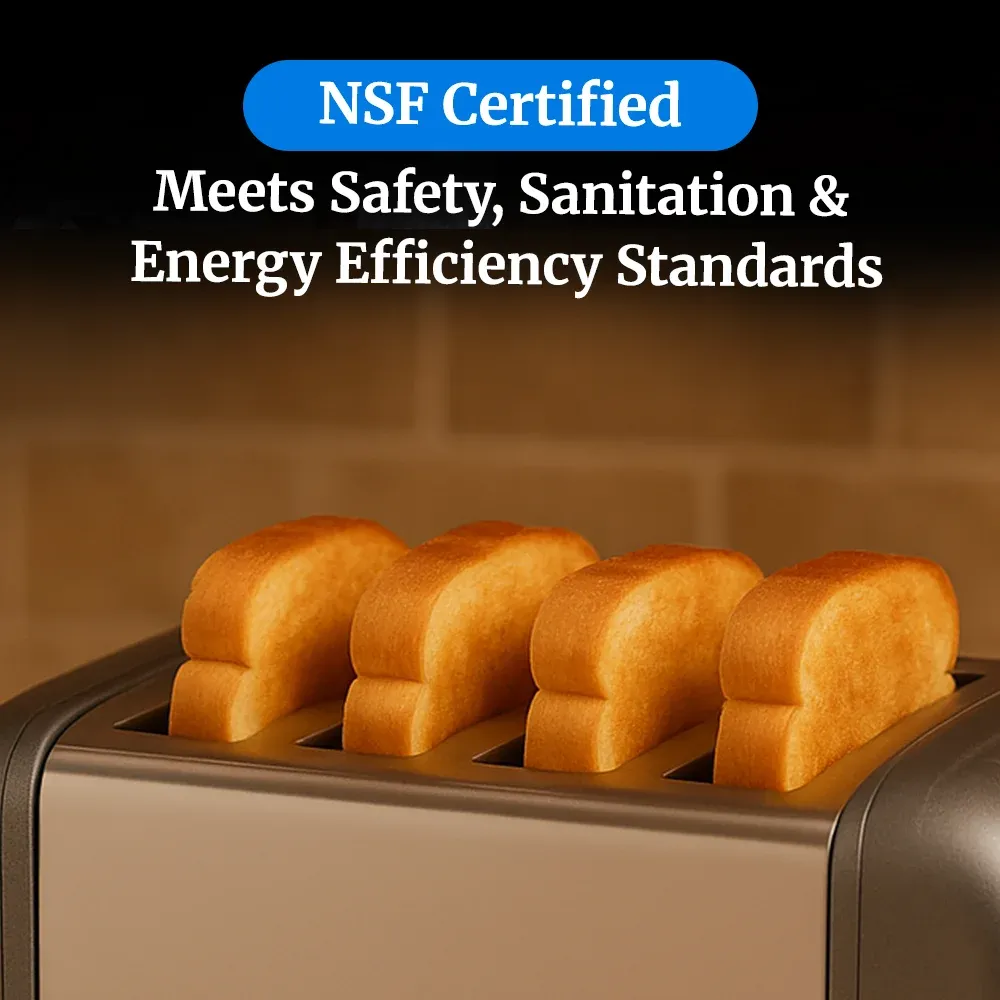 Cadco four-slice standard toaster with aluminum end panels for commercial kitchens, featuring high-speed slots and easy-clean durability.