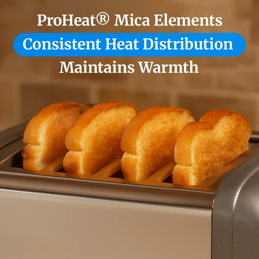 Cadco four-slice metallic toaster for commercial use with compact stainless body, modern finish, high-speed slots, ideal for buffet and catering.