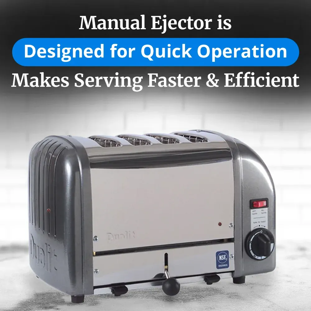 Cadco four-slice metallic gray toaster with aluminum ends, compact commercial design, fast-heating slots, perfect for buffet and catering service.