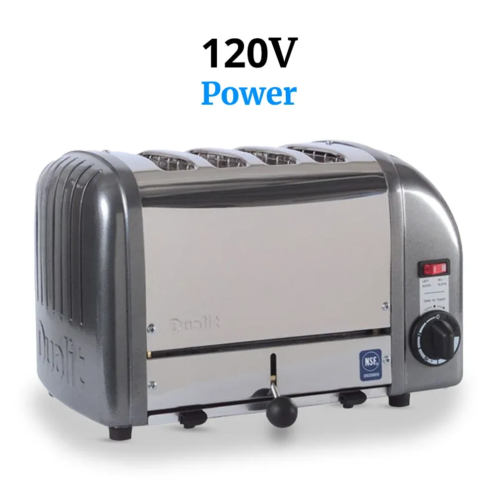 Cadco four-slice metallic gray toaster with aluminum ends, compact commercial design, fast-heating slots, perfect for buffet and catering service.